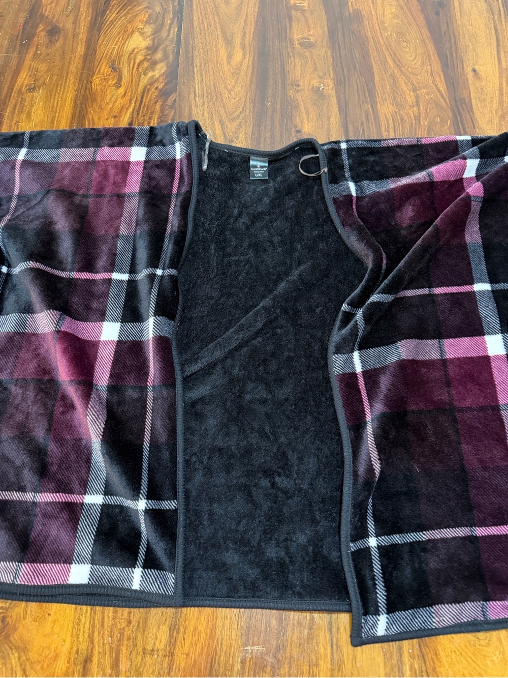 Cuddl Duds Fleece Black & Burgundy Plaid Open-Front Cape Side Buttons